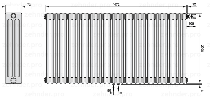 Схема (чертеж) Радиатор Zehnder Charleston 5220/32 №V008 Белый глянцевый RAL 9016